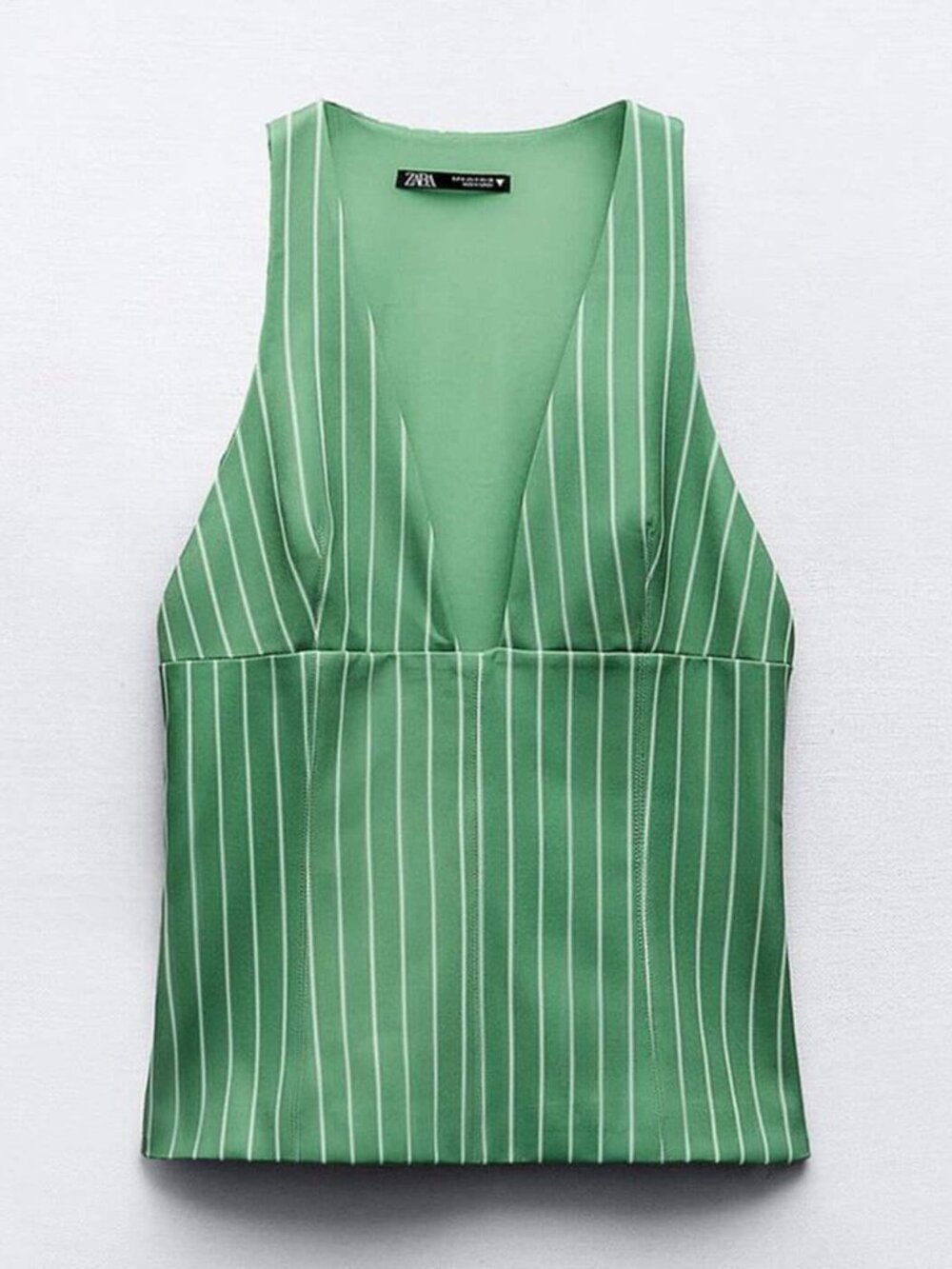 Zara Striped Low Cut Sleeveless Vest Top - Green / White - Size Medium - Picture 11 of 12